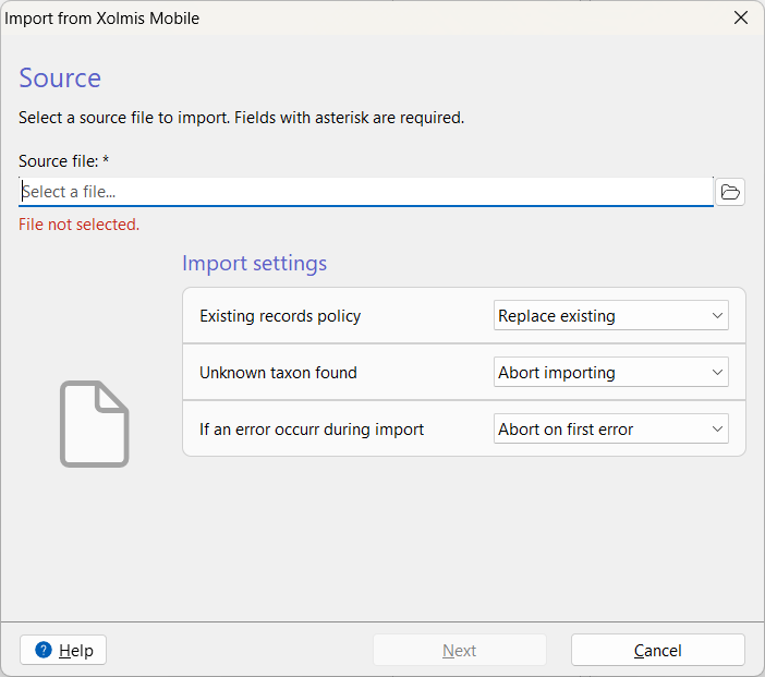 Importar do Xolmis Mobile – seleção de arquivo